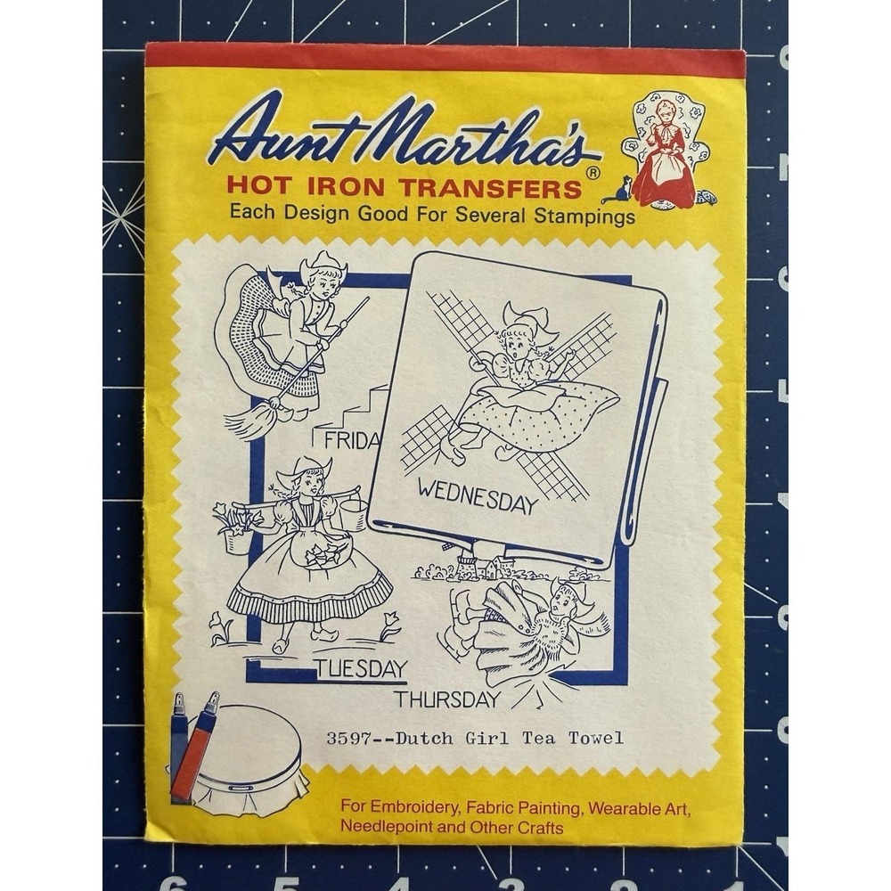 Aunt Martha's Hot Iron Embroidery Transfer Dutch Girl Tea Towel 3597